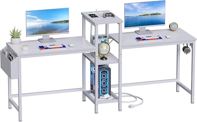 Furologee White 71" Double Gaming Desk, Extra Long 2 Person Computer Desk with Book Shelf and Cloth Bag, Large Office Desk Study Writing Table with Hooks for Home Office (NO Power Outlets) - LeafyLoom