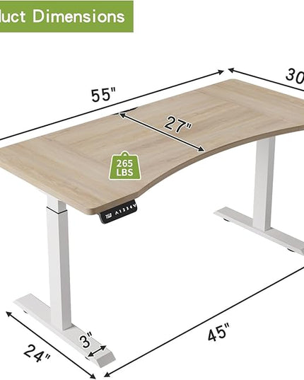 Radlove Dual Motors Height Adjustable 55 x 30'' Electric Standing Desk with Curved Design Stand Up Table 4 Memory Keys, Computer Desk with Splice Board Home Office Desk, Oak Top + White Frame - LeafyLoom