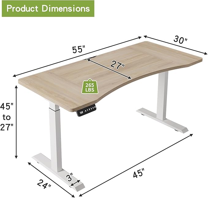 Radlove Dual Motors Height Adjustable 55 x 30'' Electric Standing Desk with Curved Design Stand Up Table 4 Memory Keys, Computer Desk with Splice Board Home Office Desk, Oak Top + White Frame - LeafyLoom