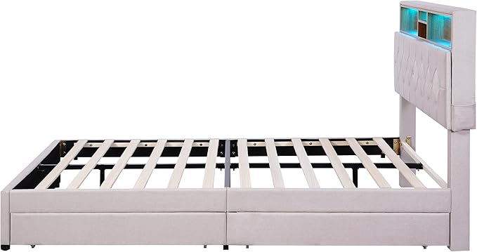 Full Size Bed Frame with LED Headboard, USB Charging, Upholstered Platform Bed with Storage Drawers and Headboard, No Box Spring Needed, Beige - LeafyLoom