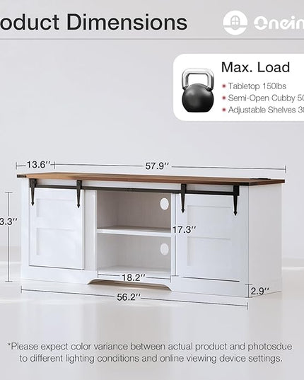 oneinmil TV Stand for 65” TV, Entertainment Center with Storage Cabinets and Sliding Barn Doors, Rustic Media TV Console Table for Living Room, Bedroom, White - LeafyLoom