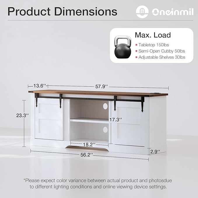 oneinmil TV Stand for 65” TV, Entertainment Center with Storage Cabinets and Sliding Barn Doors, Rustic Media TV Console Table for Living Room, Bedroom, White - LeafyLoom