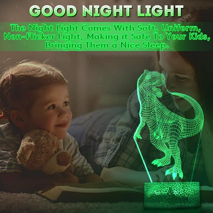 LETOUR Night Light for Kids Dinosaur 3D Night Light Porpoise Illusion Lamp with Remote Control 16 Color Changing Xmas Halloween Birthday Gift for Child Baby Boy (Remote - Ice Crack Base) - LeafyLoom