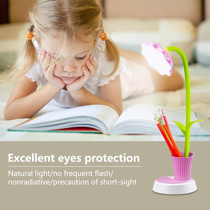 Desk Lamp for Kids Sunflower LED Charging Table Lamp Support Eye Protection Small Desk Folding for Reading,Study and Office, Adjustable Brightness - Pink - LeafyLoom