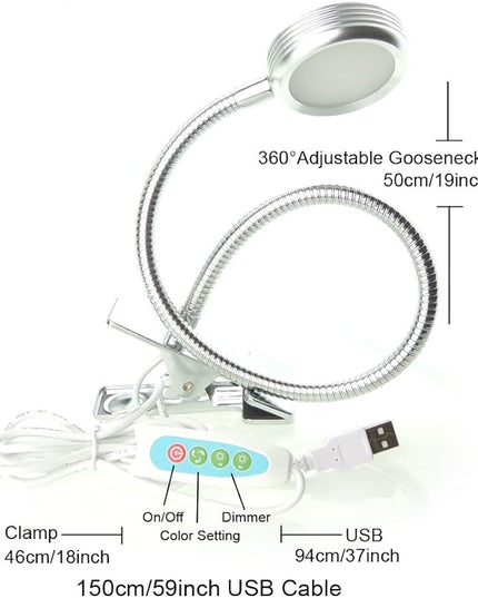 Dimmable Clip on Clamp LED Gooseneck Desk Light Lamp, Clip-on 3 Color Changeable Reading Lights, C-Clamp Nightlight, USB Port (Silver (3 Color Temperature)) - LeafyLoom
