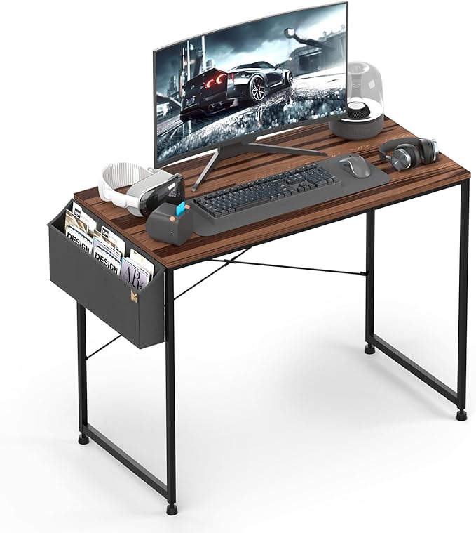 MoNiBloom 40 Inches Computer Desk with Storage Bag, Study Work Writing Table w/Metal Frame for Home Office, Walnut Color - LeafyLoom