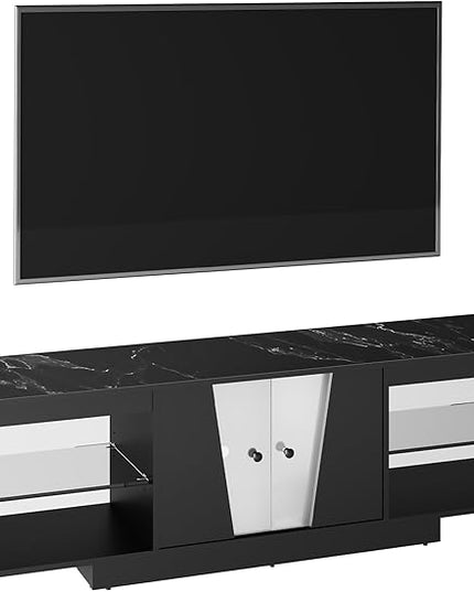 HOME BI TV Stand with LED Lights for TVs up to 70 inch, Entertainment Center with Glass Shelves and Two Cabinets, Console TV Stand for Living Room, 22 RGB Modes, Black - LeafyLoom