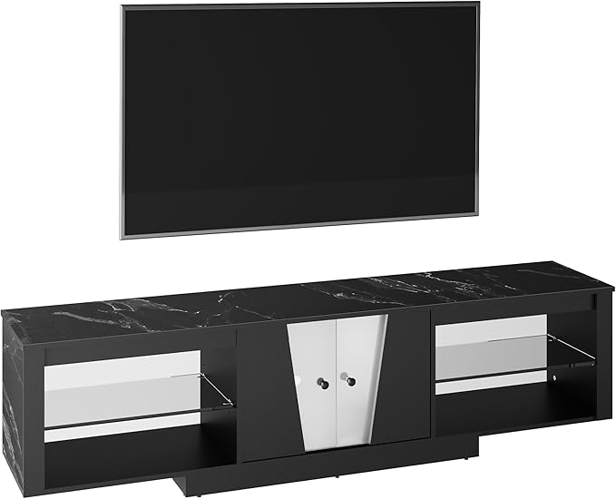 HOME BI TV Stand with LED Lights for TVs up to 70 inch, Entertainment Center with Glass Shelves and Two Cabinets, Console TV Stand for Living Room, 22 RGB Modes, Black - LeafyLoom