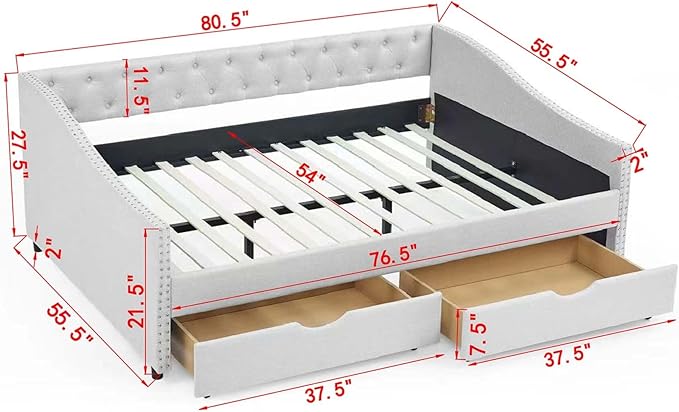 Full Size Upholstered Daybed with Two Storage Trundle Drawers, Wooden Sofa Bed w/Button Tufted Backrest and Waved Shape Arms, No Box Spring Needed, for Living Room, Bedroom, Dorm, Beige - LeafyLoom