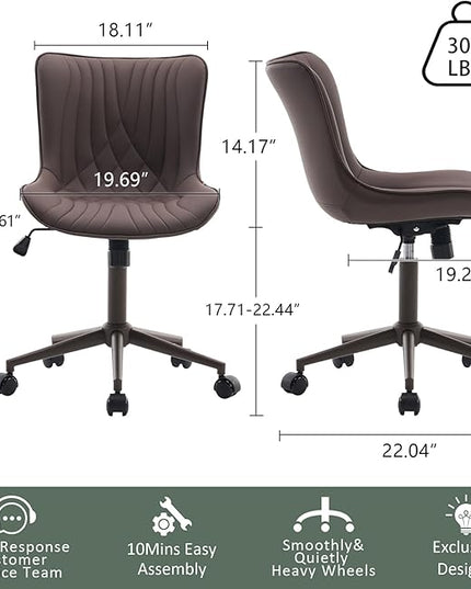 YOUTASTE Dark Brown Office Chair Modern Armless Desk Chair with Wheels Adjustable Swivel Rocking Rolling Computer Study Chairs Faux Leather Sewing Chairs with Back Stylish Vanity Chair - LeafyLoom