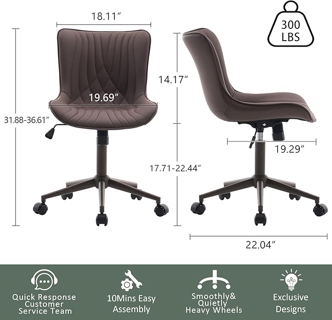 YOUTASTE Dark Brown Office Chair Modern Armless Desk Chair with Wheels Adjustable Swivel Rocking Rolling Computer Study Chairs Faux Leather Sewing Chairs with Back Stylish Vanity Chair - LeafyLoom