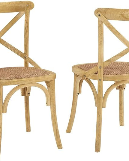 Modway Gear Rustic Modern Farmhouse Elm Wood Rattan Two Dining Chairs in Natural - LeafyLoom