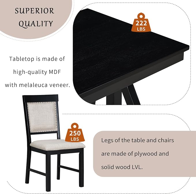 NicBex Dining Table Set for 4 Kitchen & Dining Room Tables 5-Piece Retro Dining Set, Rectangular Wooden Dining Table and 4 Upholstered Chairs for Dining Room and Kitchen, Black - LeafyLoom