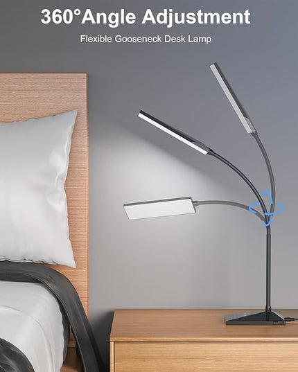 LED Desk Lamp Eye-Caring Table Lamps with USB Charging Port,7 Brightness Levels & 5 Color Modes,Touch Control and Memory Function, Flexible Gooseneck Reading Lamp for Home Office, Black - LeafyLoom