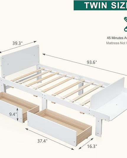 Dolonm Twin Bed Frames for Kids with 2 Drawers, Storage Platform Bed with Footboard Bench, Twin Kids Bed Headboard Frame Pine Wood, High Stable, No Box Spring Needed, Twin Bed for Kids, White - LeafyLoom