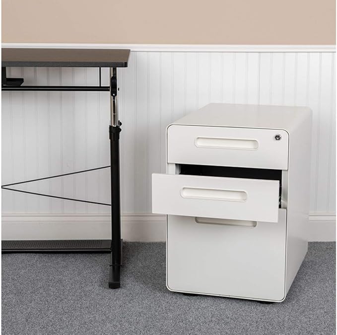 Flash Furniture Wren Ergonomic 3-Drawer Mobile Locking Filing Cabinet with Anti-Tilt Mechanism and Hanging Drawer for Legal & Letter Files, White - LeafyLoom