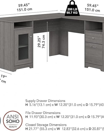 Bush Furniture Cabot L Shaped Computer Desk in Modern Gray | Corner Table with Drawers and Storage for Personal Home Office Workspace - LeafyLoom