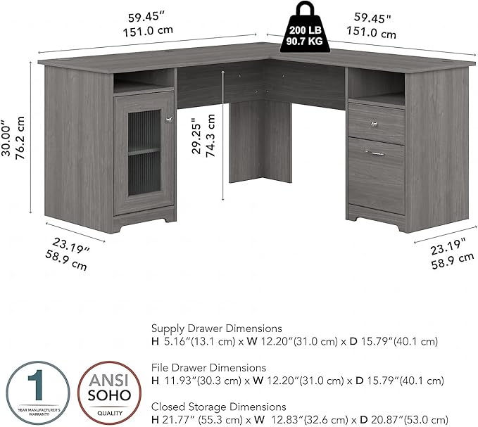 Bush Furniture Cabot L Shaped Computer Desk in Modern Gray | Corner Table with Drawers and Storage for Personal Home Office Workspace - LeafyLoom