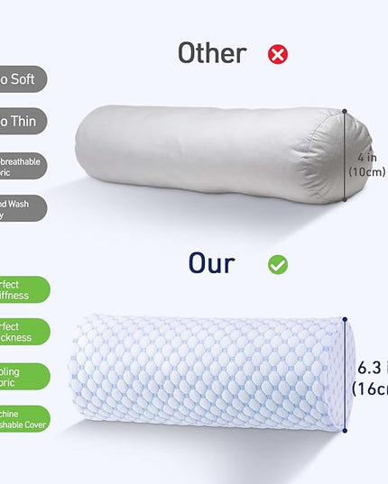Neck Roll Pillow for Sleeping - Round Cervical Neck Pillow with Cooling Pillowcase - Memory Foam Cylinder Bolster Pillow for Legs, Necks, Back, Lumbar, and Foot, 16x6.3 Inch (Cool Blue) - LeafyLoom
