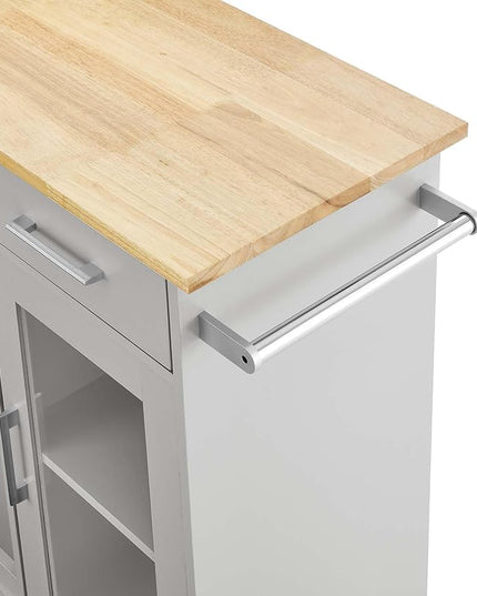 Modway Culinary Rolling Kitchen Cart with Storage in Light Gray Natural - 3 Tiers Kitchen Island on Wheels with Towel Bar, Functional as a Coffee Station, Bar Cabinet or Butcher Block Island - LeafyLoom