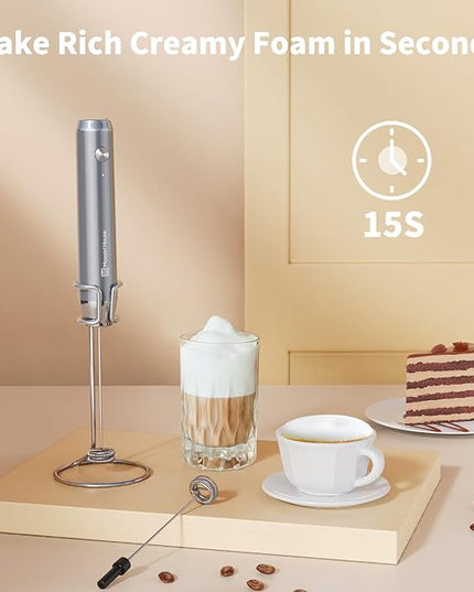 Maestri House Rechargeable Milk Frother with Stand, Handheld Electric Foam Maker Waterproof Detachable Stainless Steel Whisk Drink Mixer Foamer for Lattes, Cappuccino - LeafyLoom