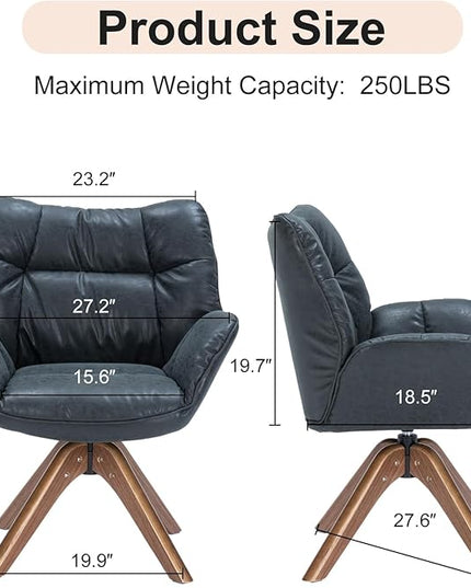 Faux Leather Accent Chair, Modern Cozy Vanity Chair with Wood Legs, Upholstered Single PU Leather Boucle Armchair for Living Room Bedroom Office Guest Room (Black) - LeafyLoom