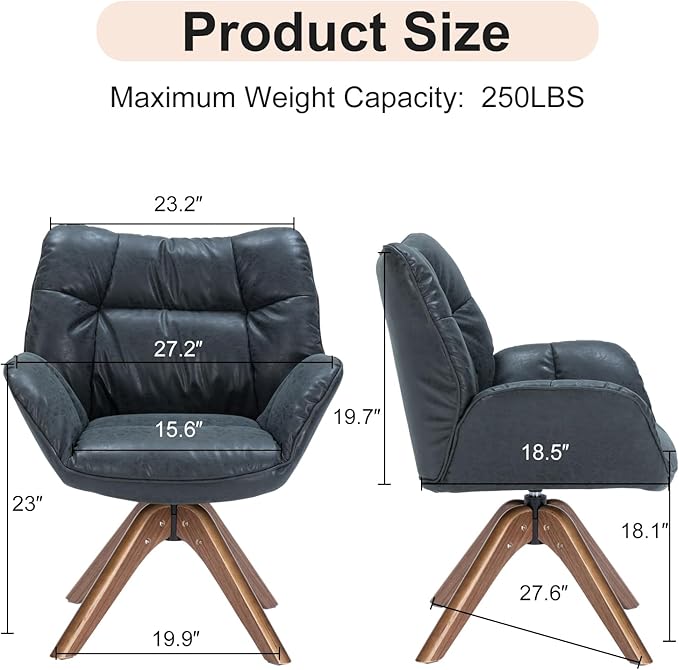 Faux Leather Accent Chair, Modern Cozy Vanity Chair with Wood Legs, Upholstered Single PU Leather Boucle Armchair for Living Room Bedroom Office Guest Room (Black) - LeafyLoom