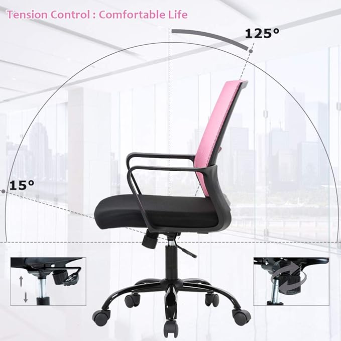 Desk Chair Mesh Office Chair Ergonomic Computer Chair Executive Lumbar Support Adjustable Stool Rolling Swivel Chair,Pink - LeafyLoom