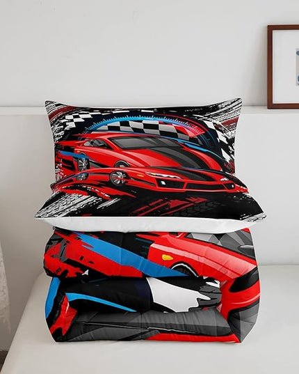 Car Bedding Set for Boys Queen Size Racing Sports Car Comforter Kids Extreme Sports Theme Comforter Set Girls Children Bedroom Teens Cool Speed Automobile Decor Bed Duvet Set Soft Lightweight - LeafyLoom