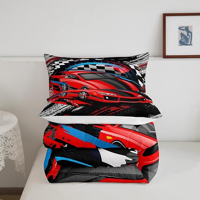 Car Bedding Set for Boys Queen Size Racing Sports Car Comforter Kids Extreme Sports Theme Comforter Set Girls Children Bedroom Teens Cool Speed Automobile Decor Bed Duvet Set Soft Lightweight - LeafyLoom