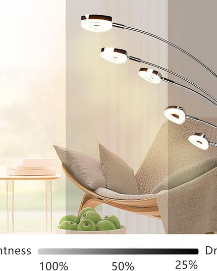 DINGLILIGHTING DLLT 5 Head Arc Floor Lamps for Living Room, Spider Lamps with 5 Adjustable Arms, Modern Tree Standing Lamp for Bedroom, Office, 3 Brightness Level, Warm White, Sliver - LeafyLoom