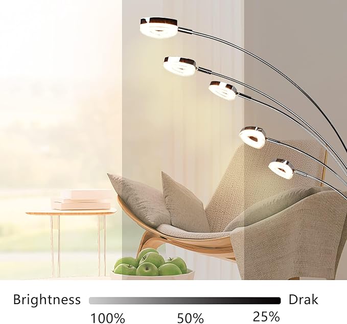 DINGLILIGHTING DLLT 5 Head Arc Floor Lamps for Living Room, Spider Lamps with 5 Adjustable Arms, Modern Tree Standing Lamp for Bedroom, Office, 3 Brightness Level, Warm White, Sliver - LeafyLoom