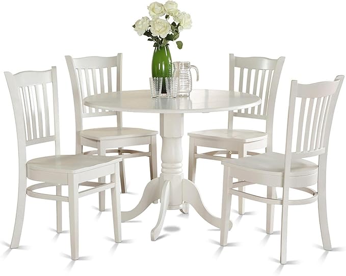 East West Furniture Dublin 5 Piece Kitchen Set Includes a Round Room Table with Dropleaf and 4 Dining Chairs, 42x42 Inch, Linen White - LeafyLoom