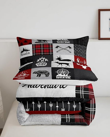Deer Antler Bear Kids Comforter Set Queen Size,Plaids Boho Arrows Patchwork Bedding Set for Boys Girls Adults Room Decor,Rustic Adventure Camper Down Comforter,Red Xmas Duvet Insert,2 Pillowcases - LeafyLoom