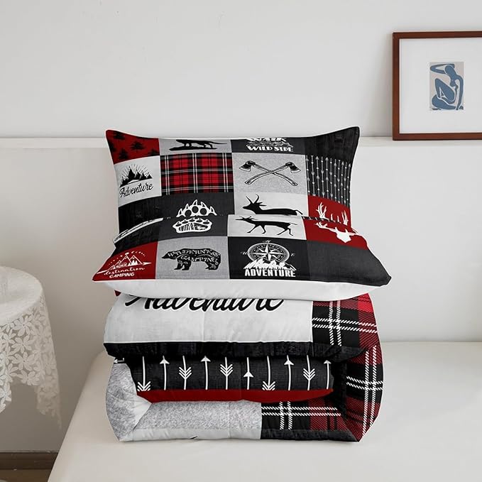 Deer Antler Bear Kids Comforter Set Full Size,Plaids Boho Arrows Patchwork Bedding Set for Boys Girls Adults Room Decor,Rustic Adventure Camper Down Comforter,Red Xmas Duvet Insert,2 Pillowcases - LeafyLoom