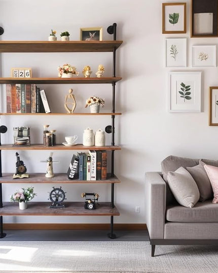 6 Tier Industrial Ladder Pipe Shelf, Wall Mounted Wood Metal Bookshelf for Living Room Storage (Weathered Brown, 10" D x 48" W x 82.5" H) - LeafyLoom