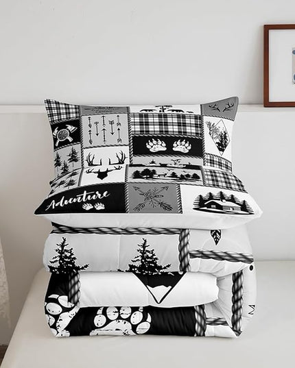 Deer Bear Comforter Set Queen Size,Pine Trees Christmas Bedding Set for Kids Boys Girls Adults Room Decor,Camping Adventure Rustic Farmhouse Down Comforter,Black Retro Duvet Insert,2 Pillowcases - LeafyLoom