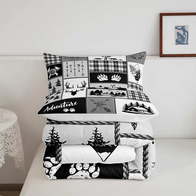 Deer Bear Comforter Set Queen Size,Pine Trees Christmas Bedding Set for Kids Boys Girls Adults Room Decor,Camping Adventure Rustic Farmhouse Down Comforter,Black Retro Duvet Insert,2 Pillowcases - LeafyLoom