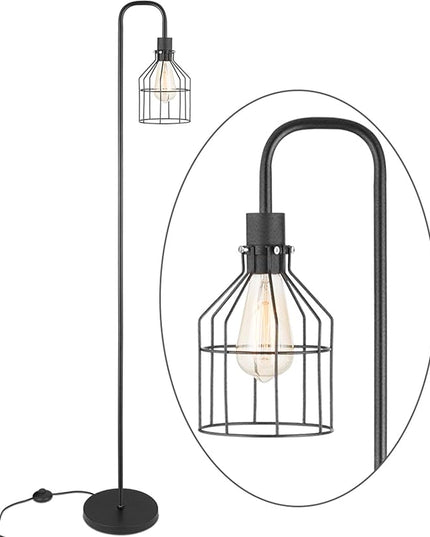 Industrial Frosted Black Floor Lamp with Cage Lampshade,On-Off Switch,Modern Indoor Pole Light for Bedroom,Living Room,Study Room or Offices (Black) - LeafyLoom