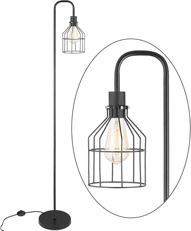 Industrial Frosted Black Floor Lamp with Cage Lampshade,On-Off Switch,Modern Indoor Pole Light for Bedroom,Living Room,Study Room or Offices (Black) - LeafyLoom