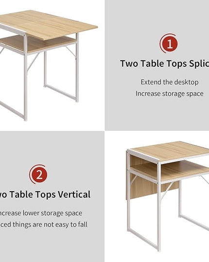 Minimalist Folding Table, Study Desk with Storage Shelf, Small Desk, Portable Computer Desk for Home, Office, Light Brown - LeafyLoom
