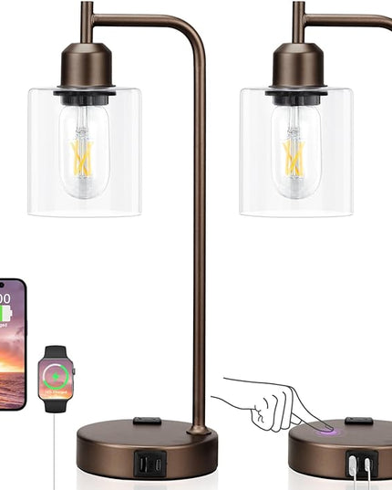 Innqoo Industrial Touch Table Lamps for Bedrooms Set of 2-3-Way Dimmable Lamps with USB C+A Ports and Outlet, Brown Bedside Lamps with Clear Glass Shade for Living Room, Desk Lamps for Home Office - LeafyLoom