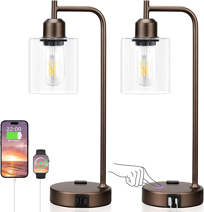 Innqoo Industrial Touch Table Lamps for Bedrooms Set of 2-3-Way Dimmable Lamps with USB C+A Ports and Outlet, Brown Bedside Lamps with Clear Glass Shade for Living Room, Desk Lamps for Home Office - LeafyLoom