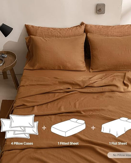 Simple&Opulence 100% Linen Sheet Set Solid Color- 6 Pcs Washed French Flax Bed Sheets (1 Flat Sheet, 1 Fitted Sheet, 4 Pillowcases) - Breathable Home Collection (Basic Rust, Queen) - LeafyLoom