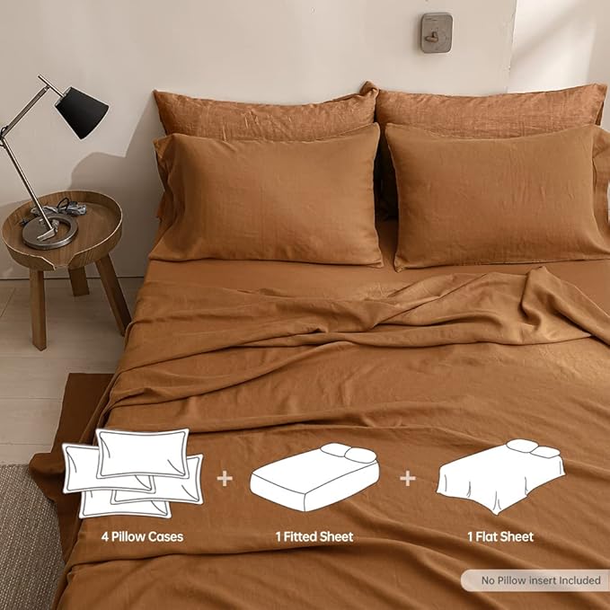Simple&Opulence 100% Linen Sheet Set Solid Color- 6 Pcs Washed French Flax Bed Sheets (1 Flat Sheet, 1 Fitted Sheet, 4 Pillowcases) - Breathable Home Collection (Basic Rust, Queen) - LeafyLoom
