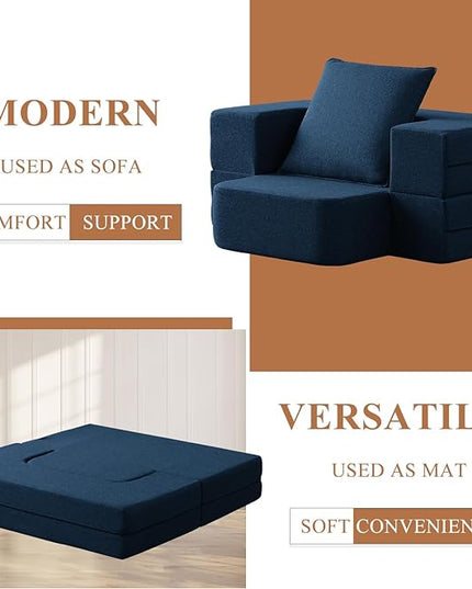 Convertible Folding Sofa - Modern Linen Fabric Coffee Table, Foldable Floor & Futon Couch, with Pillow for Living Room/Dorm/Guest Room/Home Office/Apartment,Single (2 in 1),Navy Blue - LeafyLoom