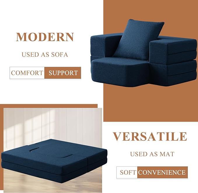 Convertible Folding Sofa - Modern Linen Fabric Coffee Table, Foldable Floor & Futon Couch, with Pillow for Living Room/Dorm/Guest Room/Home Office/Apartment,Single (2 in 1),Navy Blue - LeafyLoom