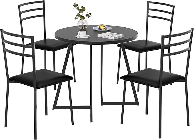VECELO Round Dining Table with Steel Frame for 2-4 People, Space Saving for Home, Kitchen, Apartment, Wood-grain Black - LeafyLoom