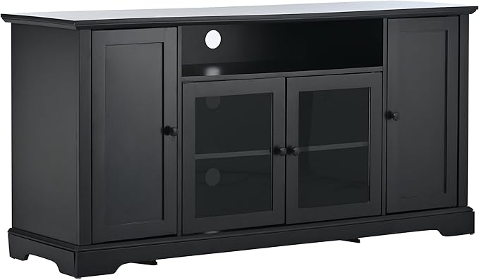 60 Inch TV Stand, Television Stands with 2 Tempered Glass Doors, Adjustable Panels and Open Style Cabinet, Entertainment Center for Living Room and Bedroom, Black - LeafyLoom