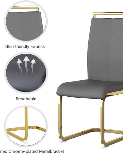 Modern Dining Chairs Set of 6,High Back Grey Kitchen Chairs,Faux Leather Side Chair with Gold Plated Metal Legs,Easy to Clean Upholstered Dining Chairs,Ideal for Living Room(Gold Leg) - LeafyLoom